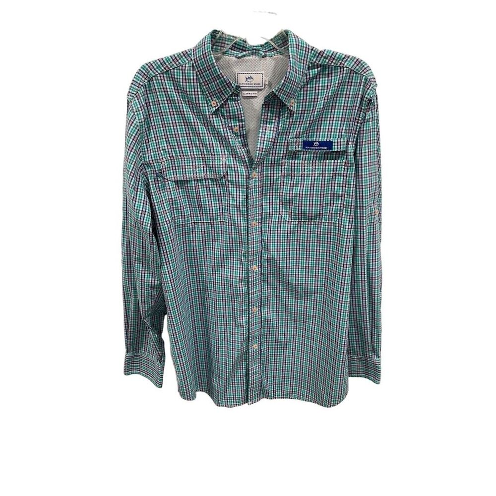 Southern Tide Men's Plaid Button-Up Fishing Shirt Green Size M